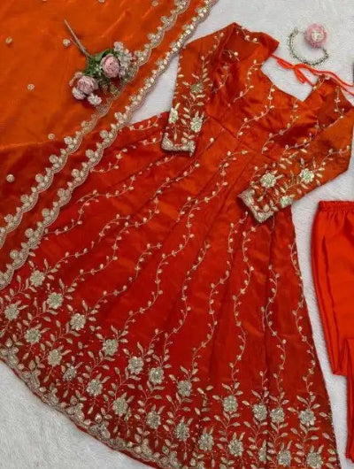 Festive Orange Embroidery Ethnic Anarkali Suit