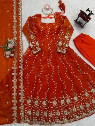 Festive Orange Embroidery Ethnic Anarkali Suit