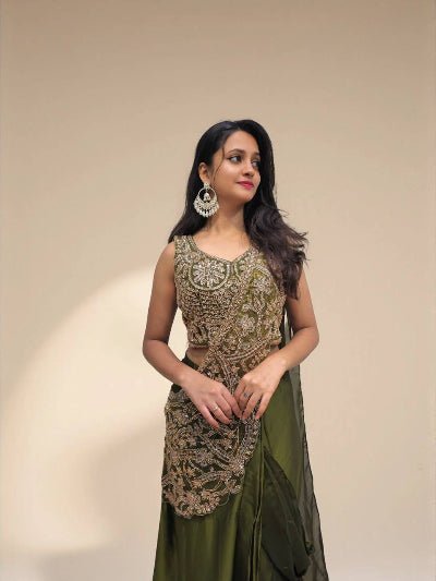 Designer Lehenga Saree &amp; Embroidered Blouse Burgundy &amp; Olive Green - BONYHUBSAREE