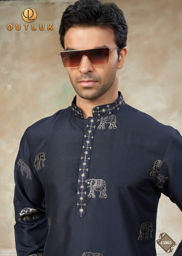 Designer Men’s Silk Elephant Embroidery Kurta Pajama Set - BONYHUBMEN KURTA