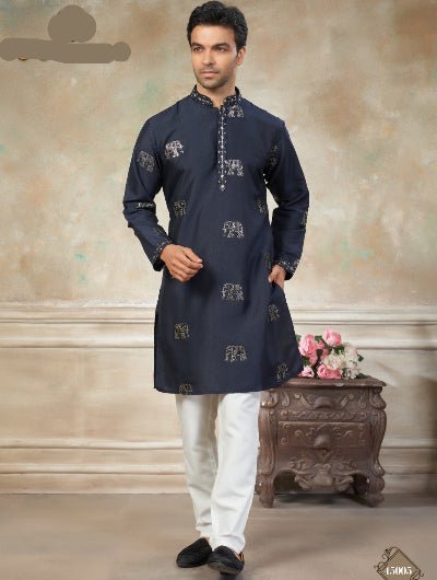 Designer Men’s Silk Elephant Embroidery Kurta Pajama Set - BONYHUBMEN KURTA