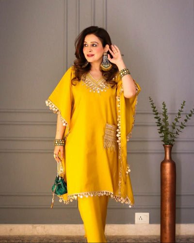 Designer Mirrorwork Embroidered Kaftaan Pant Set of 2 - BONYHUBSALWAR KAMEEZ