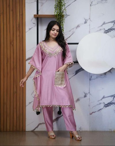 Designer Mirrorwork Embroidered Kaftaan Pant Set of 2 - BONYHUBSALWAR KAMEEZ