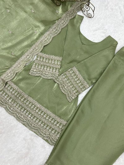 Designer Pista Green Embroidered Farshi Suit Set - BONYHUBSALWAR KAMEEZ