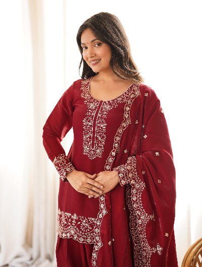 Designer Red Embroidered Farshi Suit Set UK Next Day - BONYHUBSALWAR KAMEEZ