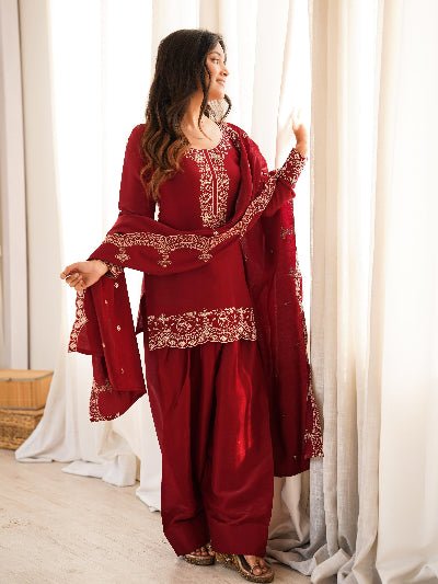 Designer Red Embroidered Farshi Suit Set UK Next Day - BONYHUBSALWAR KAMEEZ