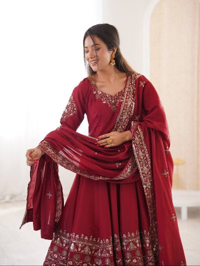 Designer Red Embroidery Work Anarkali Suit - BONYHUBSALWAR KAMEEZ