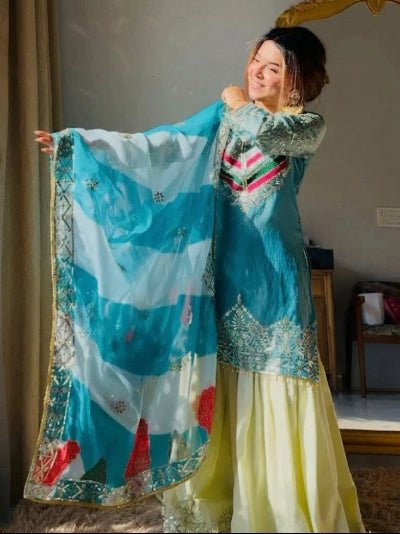 Designer Satin Silk Embroidered Sharara Palazzo Suit - BONYHUBSALWAR KAMEEZ