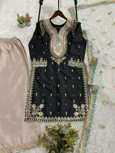 Designer Sequence Embroidered Suit Set- Black &amp; White - BONYHUBSALWAR KAMEEZ