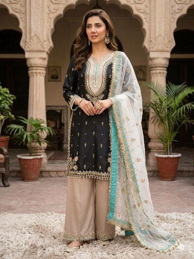 Designer Sequence Embroidered Suit Set- Black &amp; White - BONYHUBSALWAR KAMEEZ