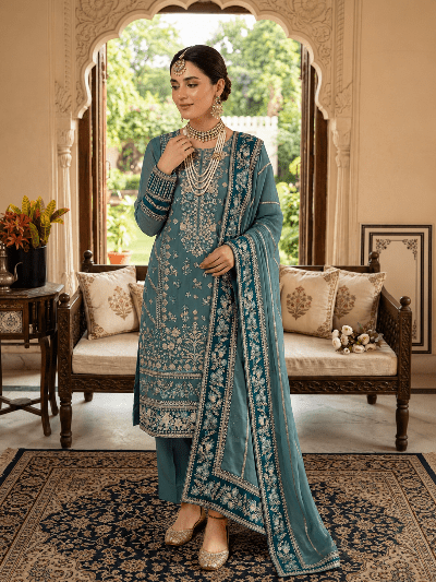Dusty Blue Embroidered Straight Suit for Women | Asian Ethnic Wear UK - BONYHUBSALWAR KAMEEZ