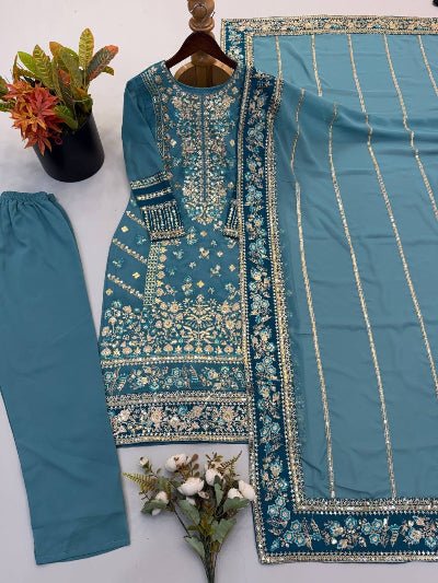 Dusty Blue Embroidered Straight Suit for Women | Asian Ethnic Wear UK - BONYHUBSALWAR KAMEEZ