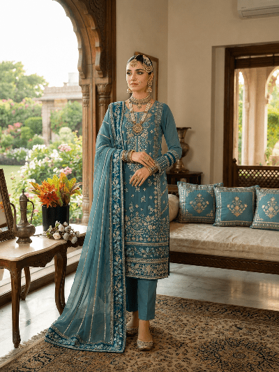 Dusty Blue Embroidered Straight Suit for Women | Asian Ethnic Wear UK - BONYHUBSALWAR KAMEEZ