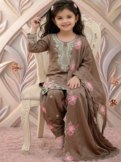 Dusty Brown Floral Kids Embroidered Punjabi Suit - BONYHUBClothing