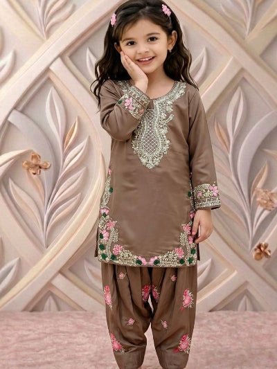 Dusty Brown Floral Kids Embroidered Punjabi Suit - BONYHUBClothing