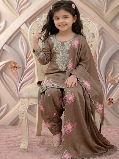 Dusty Brown Floral Kids Embroidered Punjabi Suit - BONYHUBClothing