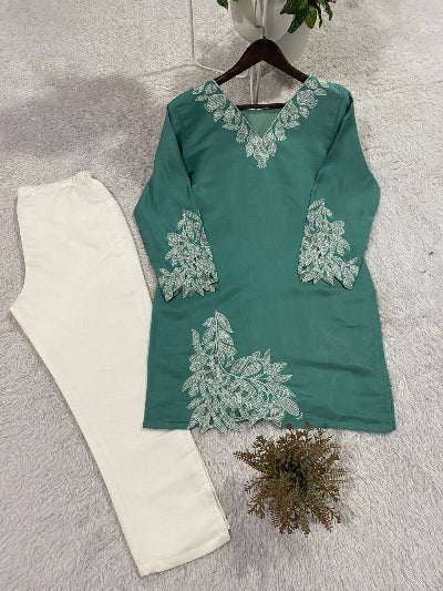 Dusty Green Cotton Embroidery Kurti Pant Set Of 2 - BONYHUBSALWAR KAMEEZ