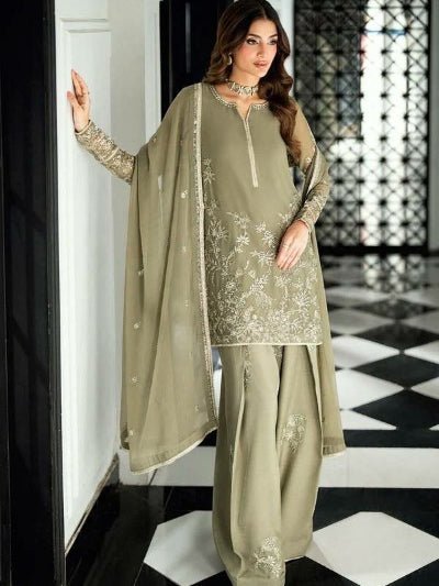 Dusty Green Georgette Embroidery work Farshi Suit - BONYHUBSALWAR KAMEEZ