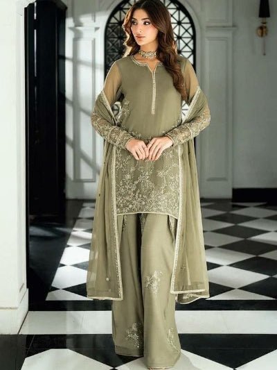 Dusty Green Georgette Embroidery work Farshi Suit - BONYHUBSALWAR KAMEEZ