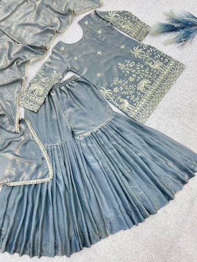 Dusty Grey Blue Embroidered Sharara Suit for Women | Asian Ethnic Wear UK - BONYHUBSALWAR KAMEEZ