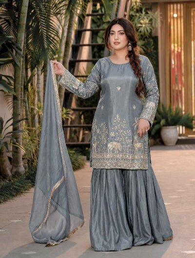 Dusty Grey Blue Embroidered Sharara Suit for Women | Asian Ethnic Wear UK - BONYHUBSALWAR KAMEEZ