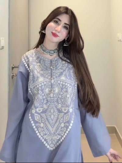 Dusty Grey Silver Zari Embroidery Kurti Pant Set Of 2 - BONYHUBSALWAR KAMEEZ