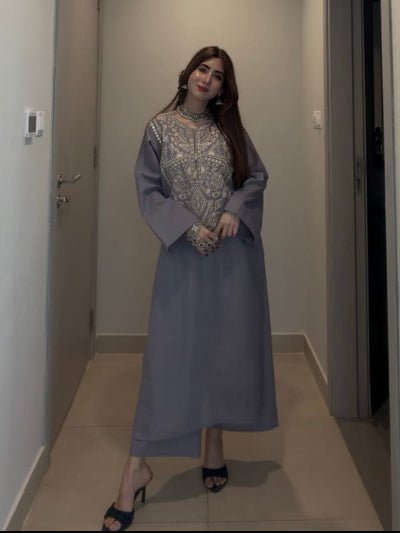 Dusty Grey Silver Zari Embroidery Kurti Pant Set Of 2 - BONYHUBSALWAR KAMEEZ