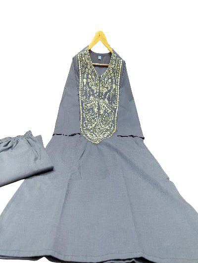 Dusty Grey Silver Zari Embroidery Kurti Pant Set Of 2 - BONYHUBSALWAR KAMEEZ