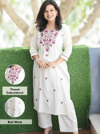 Dusty Lilac Chinon Embroidery Kurti Pant Suit Set - BONYHUBSALWAR KAMEEZ