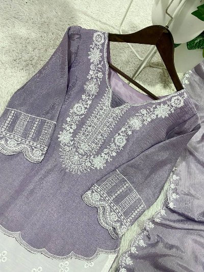 Dusty Lilac Chinon Embroidery Trouser Suit Set - BONYHUBSALWAR KAMEEZ