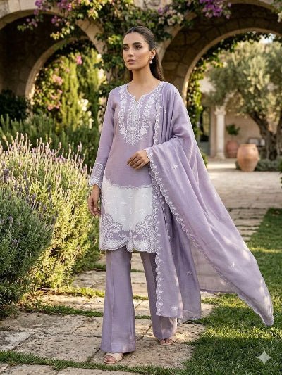 Dusty Lilac Chinon Embroidery Trouser Suit Set - BONYHUBSALWAR KAMEEZ