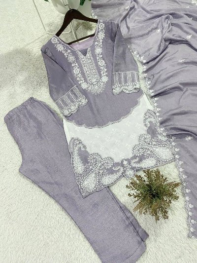 Dusty Lilac Chinon Embroidery Trouser Suit Set - BONYHUBSALWAR KAMEEZ