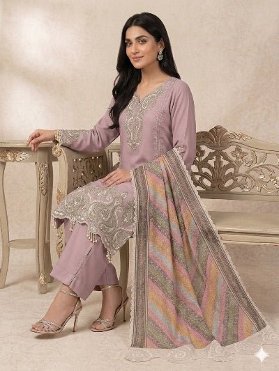 Dusty Lilac Georgette Straight Suit Set with Organza Dupatta - BONYHUBSALWAR KAMEEZ