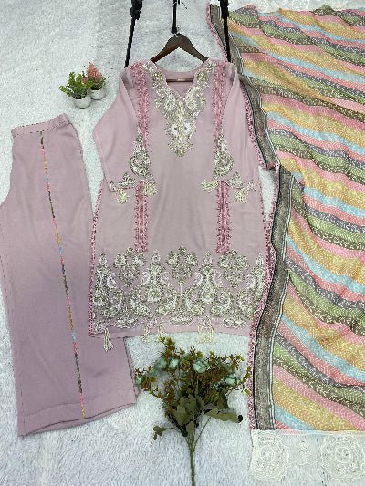 Dusty Lilac Georgette Straight Suit Set with Organza Dupatta - BONYHUBSALWAR KAMEEZ
