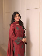 Dusty Maroon Luxurious French Crepe Silk Farshi Suit Set - BONYHUBSALWAR KAMEEZ