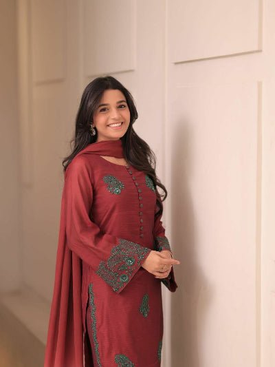 Dusty Maroon Luxurious French Crepe Silk Farshi Suit Set - BONYHUBSALWAR KAMEEZ