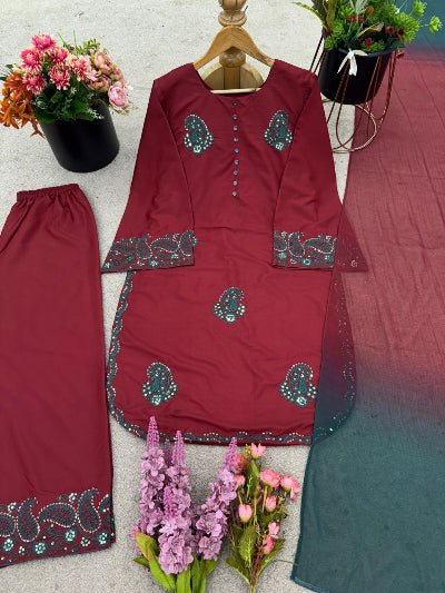 Dusty Maroon Luxurious French Crepe Silk Farshi Suit Set - BONYHUBSALWAR KAMEEZ