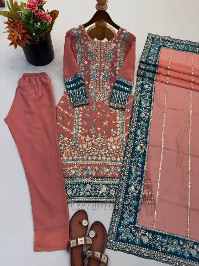 Dusty Mauve &amp; Blue Embroidery Work Georgette Straight Suit For Women - BONYHUBSALWAR KAMEEZ