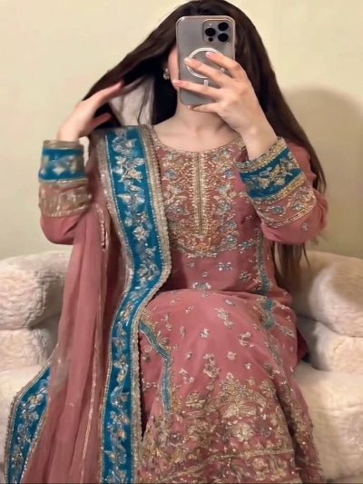 Dusty Mauve &amp; Blue Embroidery Work Georgette Straight Suit For Women - BONYHUBSALWAR KAMEEZ