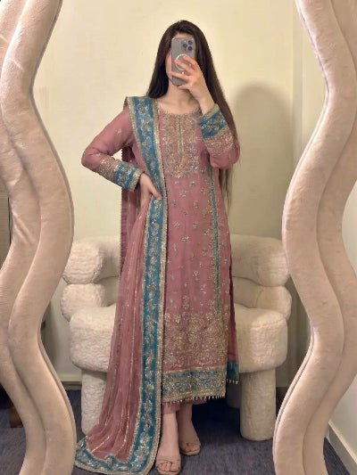 Dusty Mauve & Blue Embroidery Work Georgette Straight Suit For Women - BONYHUBSALWAR KAMEEZ