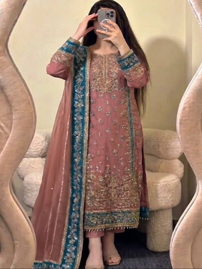 Dusty Mauve &amp; Blue Embroidery Work Georgette Straight Suit For Women - BONYHUBSALWAR KAMEEZ