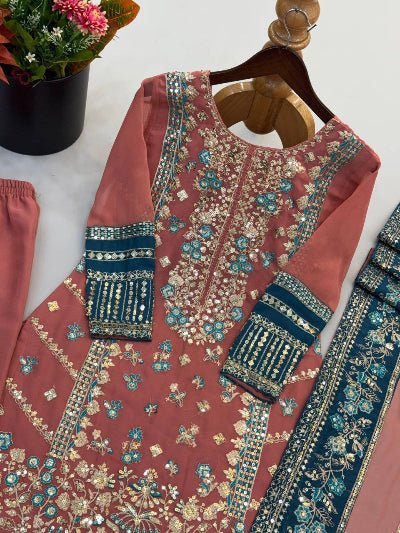 Dusty Mauve &amp; Blue Embroidery Work Georgette Straight Suit For Women - BONYHUBSALWAR KAMEEZ
