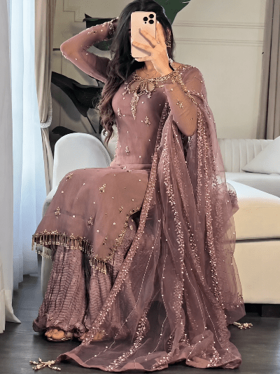 Dusty Mauve Georgette Sharara Palazzo Suit Set - BONYHUBSALWAR KAMEEZ