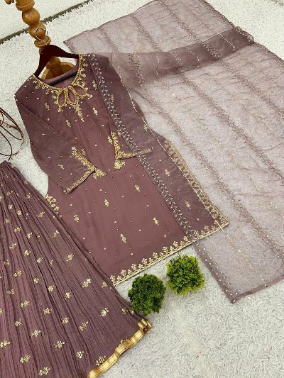 Dusty Mauve Georgette Sharara Palazzo Suit Set - BONYHUBSALWAR KAMEEZ