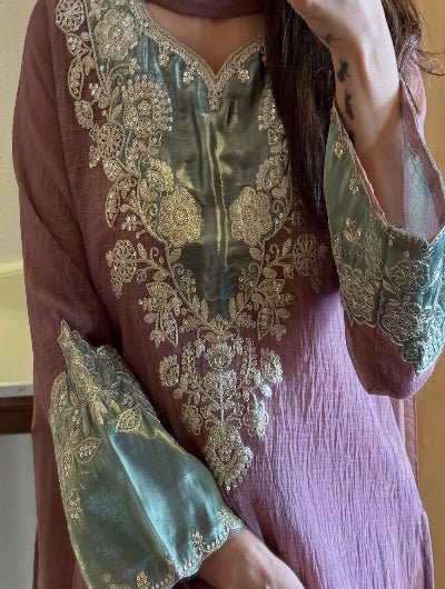 Dusty Mauve Pink Embroidered Palazzo Suit Set - BONYHUBSALWAR KAMEEZ