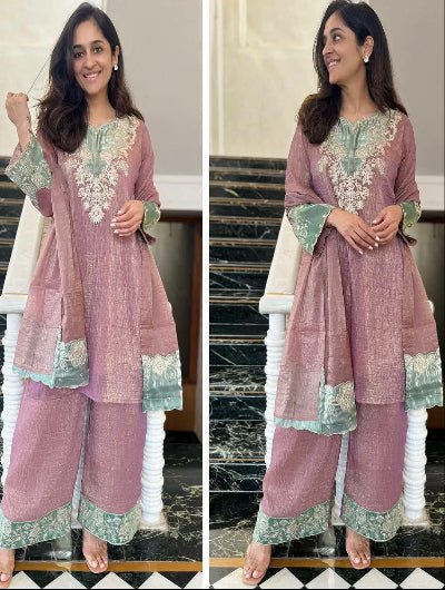 Dusty Mauve Pink Embroidered Palazzo Suit Set - BONYHUBSALWAR KAMEEZ