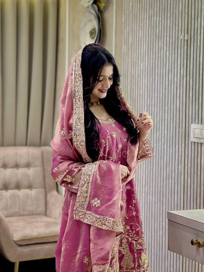 Dusty Mauve Pink Zari Embroidery Work Palazzo Suit - BONYHUBSALWAR KAMEEZ