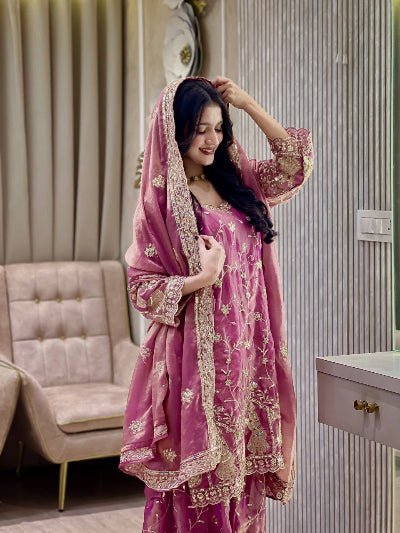 Dusty Mauve Pink Zari Embroidery Work Palazzo Suit - BONYHUBSALWAR KAMEEZ