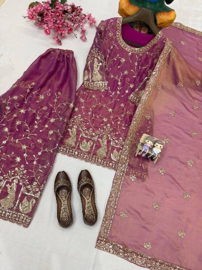 Dusty Mauve Pink Zari Embroidery Work Palazzo Suit - BONYHUBSALWAR KAMEEZ