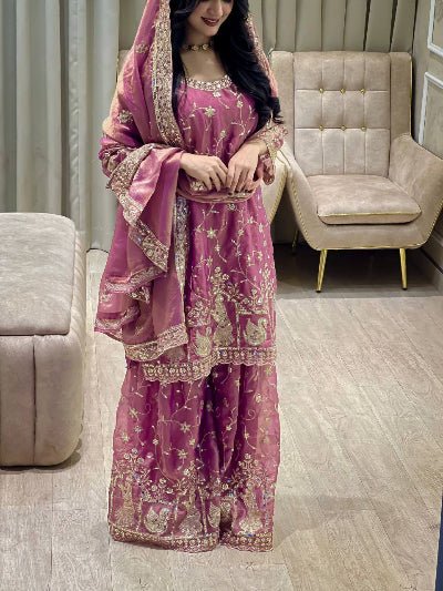 Dusty Mauve Pink Zari Embroidery Work Palazzo Suit - BONYHUBSALWAR KAMEEZ